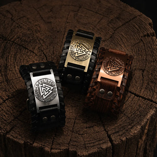 Bracelet en cuir ajustable - Symbole Valknut®
