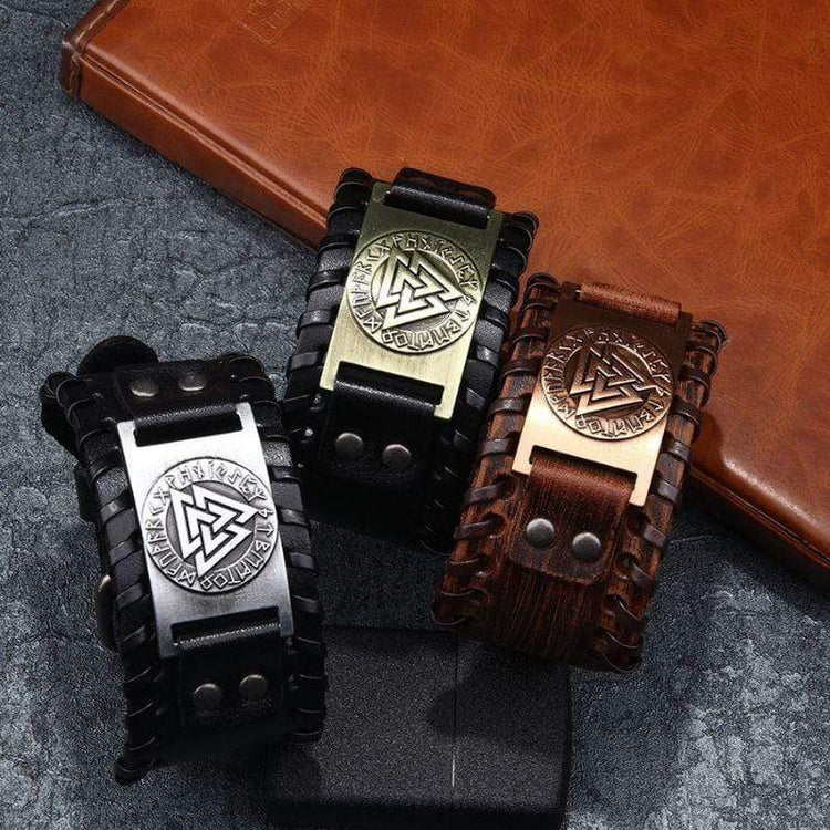 Bracelet en cuir ajustable - Symbole Valknut®