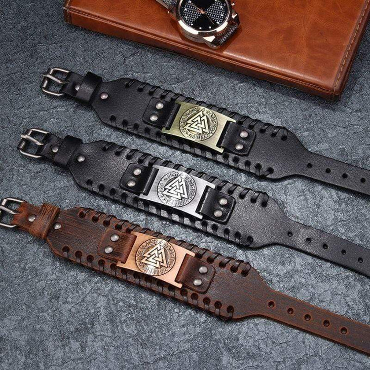 Bracelet en cuir ajustable - Symbole Valknut®