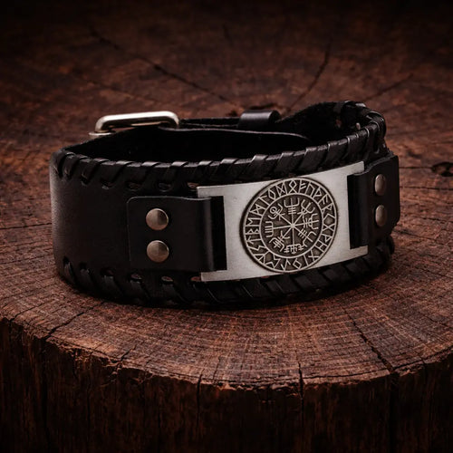 Bracelet viking Bracelet en cuir Noir - Rune Viking - Odins Hall