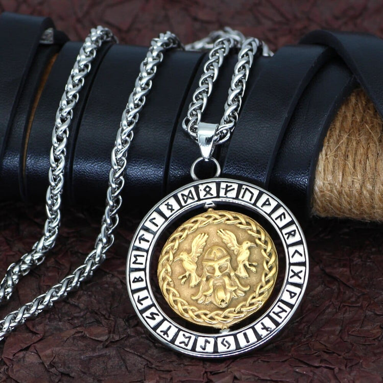 Collier visage d'Odin accompagné de ses 2 corbeaux