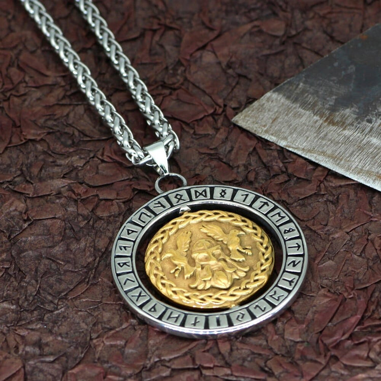 Collier visage d'Odin accompagné de ses 2 corbeaux