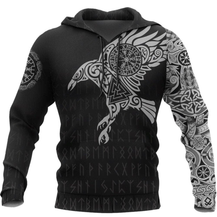 Hoodie Viking \"Corbeau Majestueux - Symboles Sacrés d'Odin\"