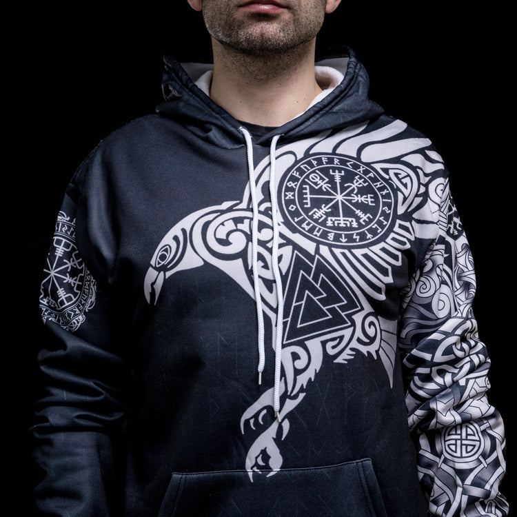 Hoodie Viking \"Corbeau Majestueux - Symboles Sacrés d'Odin\"