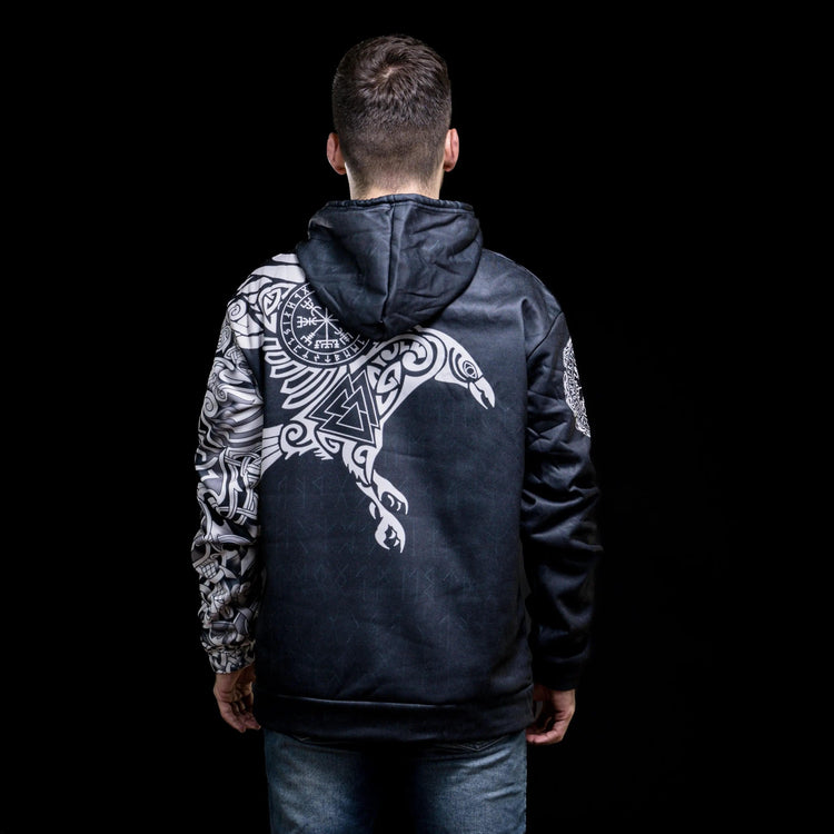 Hoodie Viking \"Corbeau Majestueux - Symboles Sacrés d'Odin\"