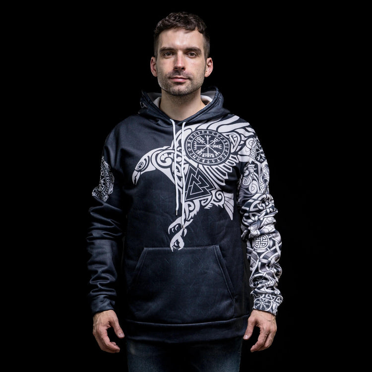 Hoodie Viking \"Corbeau Majestueux - Symboles Sacrés d'Odin\"